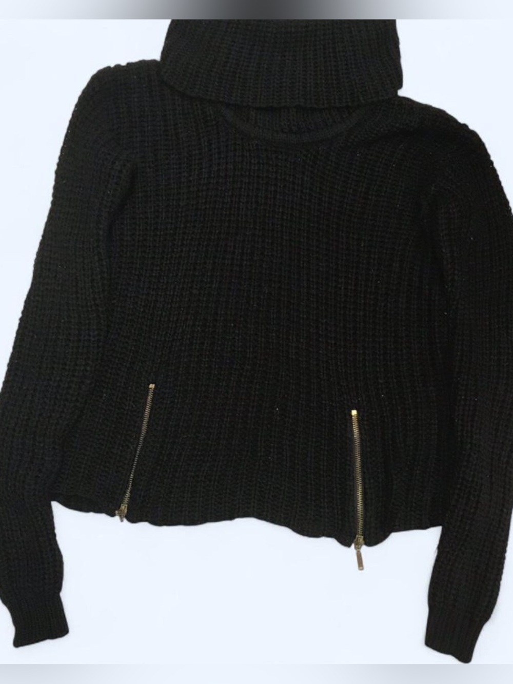 Black Chunky Turtleneck Sweater with Gold Zip Details - Women